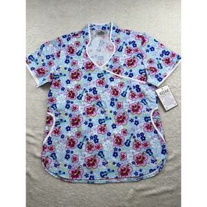 Adar Uniforms Women's Small Mock Wrap Scrub Top Floral Hibiscus Guitar Print New